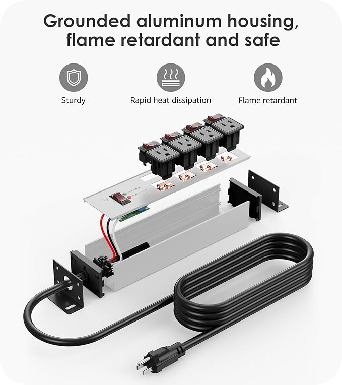 CCCEI Heavy Duty Surge Protector Power Strip 20 Amp Individual Switches. 4FT 12 Gauge Extension Cord with Multiple Outlets. Kitchen, Garage, Shop, Industrial Wall Mount Electric Extender, Grey.
