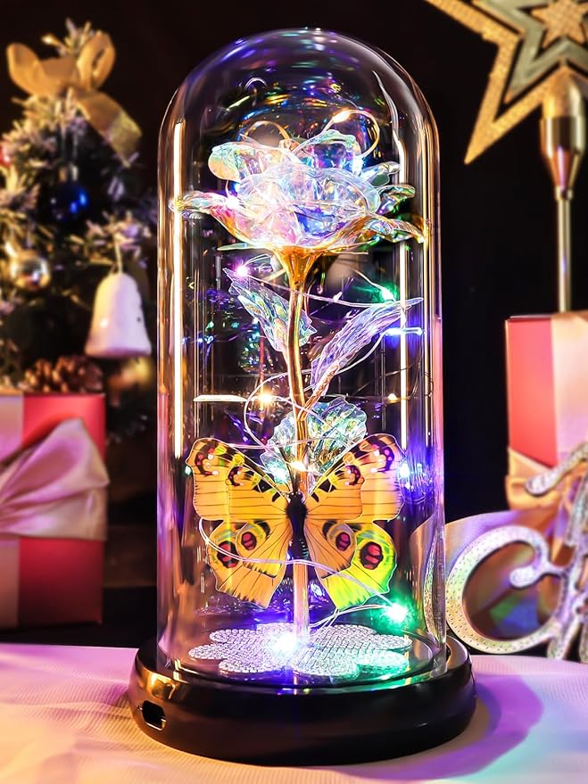 Mothers Day Rose Gifts for Mom Birthday Gift for Women, Rechargeable Galaxy Glass Rose in Glass Dome Colorful Crystal Flower Butterfly Mother's Day Flowers Gifts for Women Mom Wife Grandma Daughter