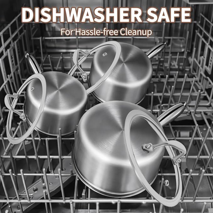 EWFEN 3 Ply Stainless Steel Sauce Pan Set with Lids, 1 & 2 Quart Multipurpose Cooking Pot, Stay-Cool Handle, Induction Oven Dishwasher Safe, 1QT & 2QT