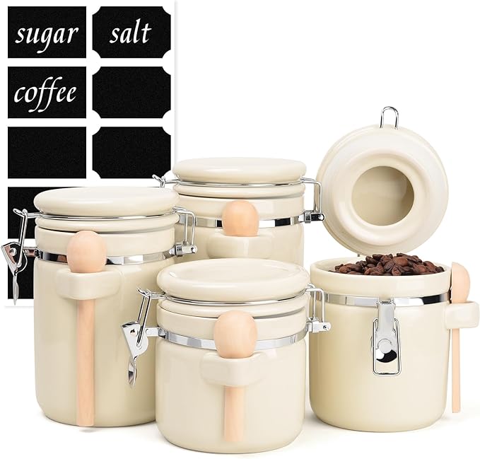 4-Piece Airtight Ceramic Canisters Set with Wooden Spoons & Chalk Labels – Perfect for Coffee, Sugar, Flour, Tea (Cream) – Stylish & Leakproof Kitchen Storage