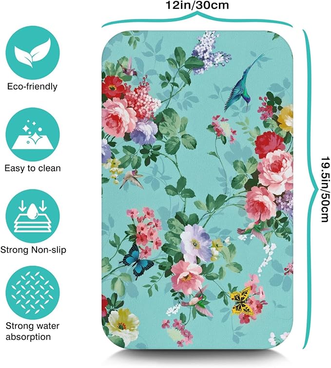 Floral Kitchen Counter Mat with Non-Slip Backing, 12 x 19.5 inches, Turquoise Botanical Design, Fast Drying