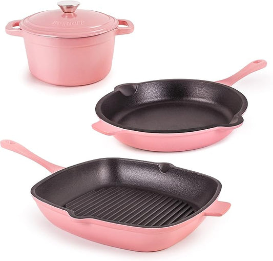 BergHOFF Neo 4Pc Enameled Cast Iron Cookware Set, Grill Pan 11 inches, Fry Pan 10 inches, 3qt. Dutch Oven, Matching Lid, Fast, Evenly Heat, Oven Safe (Pink)