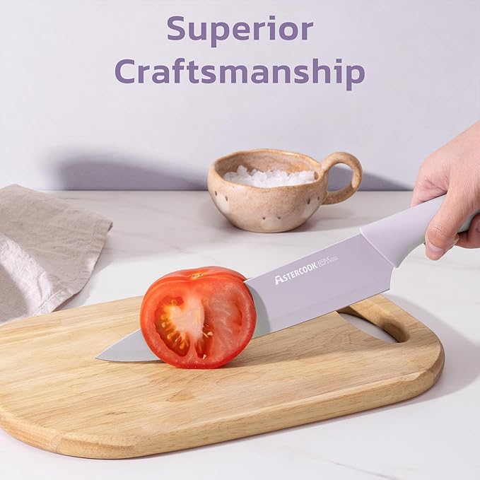Astercook Knife Set, 13 Pieces Kitchen Knives Set with Healthy Anti-Rust Coating, Dishwasher Safe, Stainless Steel Chef Knife Sets with 6 Blade Guards, Perfect Mothers Day Gifts for Kitchen Purple