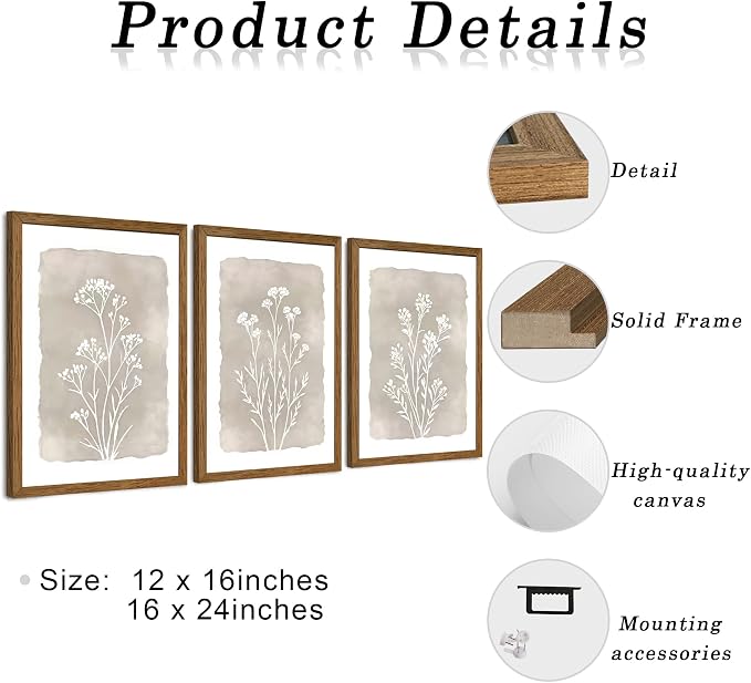 JLTULT 3 Piece Boho Beige Floral Wall Art, Minimalist Line Botanical Flower Wall Decor, Vintage Rustic Wildflower Art Prints for Living Room Bedroom Office Farmhouse Decoration 16x24 in Ready to Hang