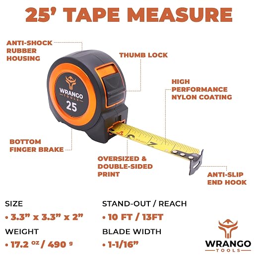 Tape Measure 25 FT - Measuring Tape Retractable - Oversized & Double-Sided Print - Blade Lock, Finger Brake - High Performance Nylon Coating, 10' Stand-Out - 13' Reach / 1-1/16" Blade