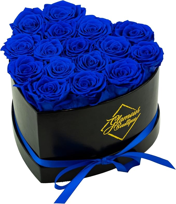 GLAMOUR BOUTIQUE 16 Flower Forever Heart Shape Box, for Mom, Eternal Preserved Roses Gift for Her, Him, Lasting Flowers Bouquet, for Birthday, Anniversary, Blue (Color-Treated)