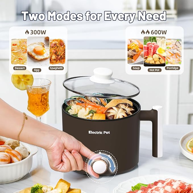 Electric Hot Pot :1.5L Mini Ramen Cooker with Overheat & Boil-Dry Protection, Suitable for Noodles, Soup, Oatmeal, College Dorm Office Travel Essentials (Brown, 1.5L)