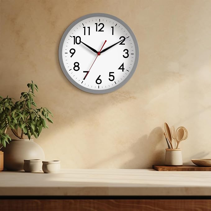 AKCISOT 10 Inch Wall Clock, Battery Operated Analog Clock, Silent Non-Ticking, Ideal for Bedroom, Bathroom, Kitchen, Office and School, Gray