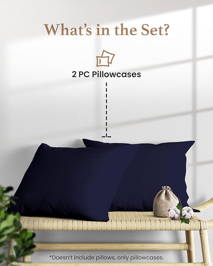 1000 TC Navy Blue King Pillowcases Set of 2 100% Egyptian Cotton Pillow Cases with Long Staple Cotton & Sateen Weave, Silky Soft Hotel - Like Bed Pillow Covers for Comfy Sleeping, Snug Fit
