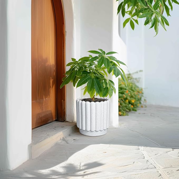 Ceramicfor Ceramic Plant Pot, 9.6 Inch, White | Drainage Hole, Round Flower Pot, Modern Fluted Design, Indoor & Outdoor Use