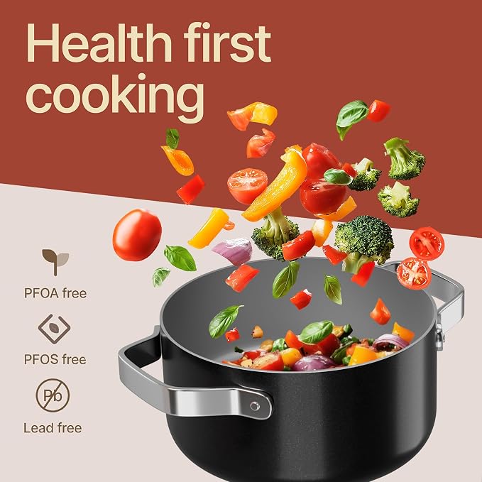 Bakken 3 Quart Ceramic Coated Stock Pot with Lid, Easy to Clean Nonstick Pot, Tempered Glass Lid, Riveted Stainless Steel Handles, Oven Safe Up To 500°F, PTFE & PFAS Free, All Stove Compatible, Black