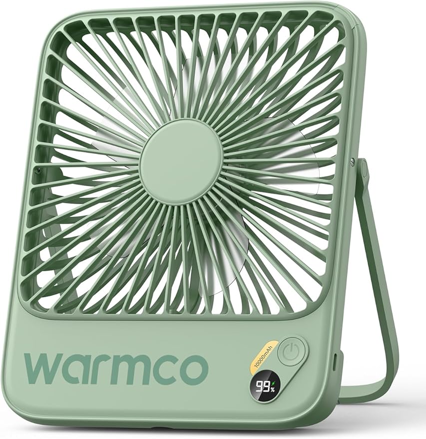 Warmco 10000mAh Portable Travel Fan 7-inch, Max 24H Runtime, Ultra-thin Quiet Rechargeable Battery Operated Desk Fan with Digital Display for Camping, Office, Bedroom, Cruise Essentials
