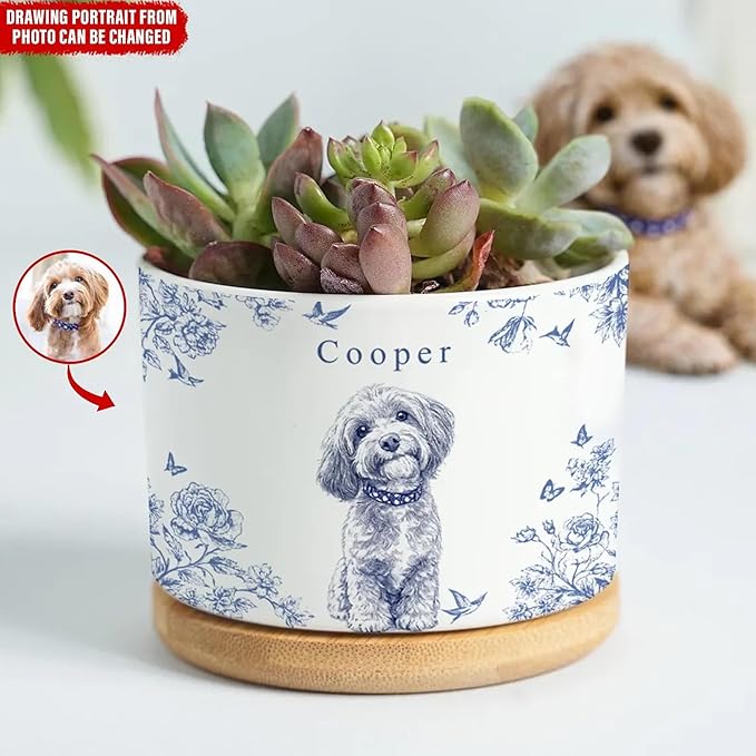 Personalized Pet Portrait Toile De Jouy Plant Pot, Custom Dog Photo Plant Pot for Dogs Mom, Pet Mom Gifts, Cat Lover Gifts, Pets Lover Gift, Memorial Dog Cat Gift