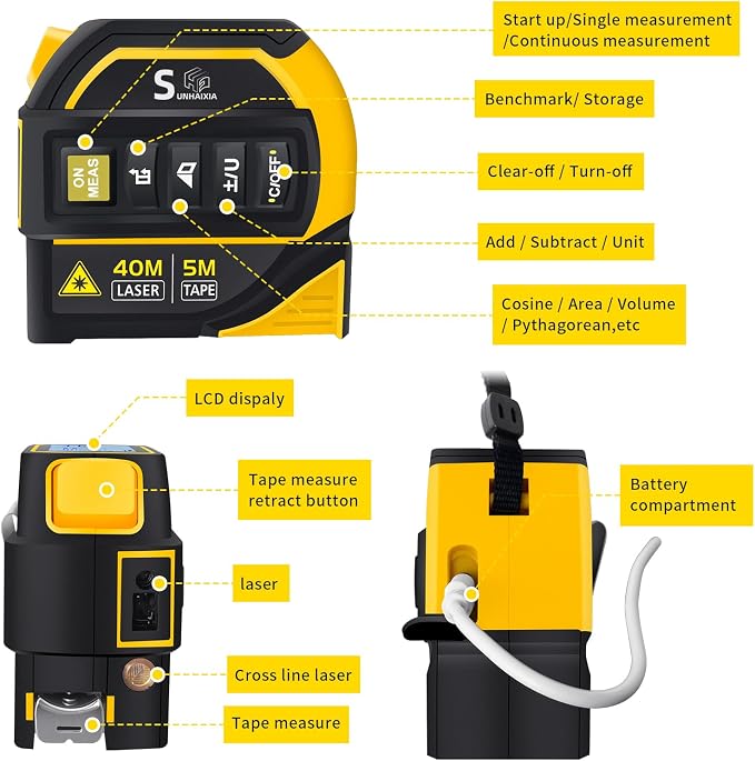 4-in-1 Laser Tape Measure with Laser Level Crosshairs |130ft/40m Laser Distance+16ft/5m AutoLock Tape |Backlit LCD Display (Ft/Inch/M/mm) |for DIY,Construction, Interior Design