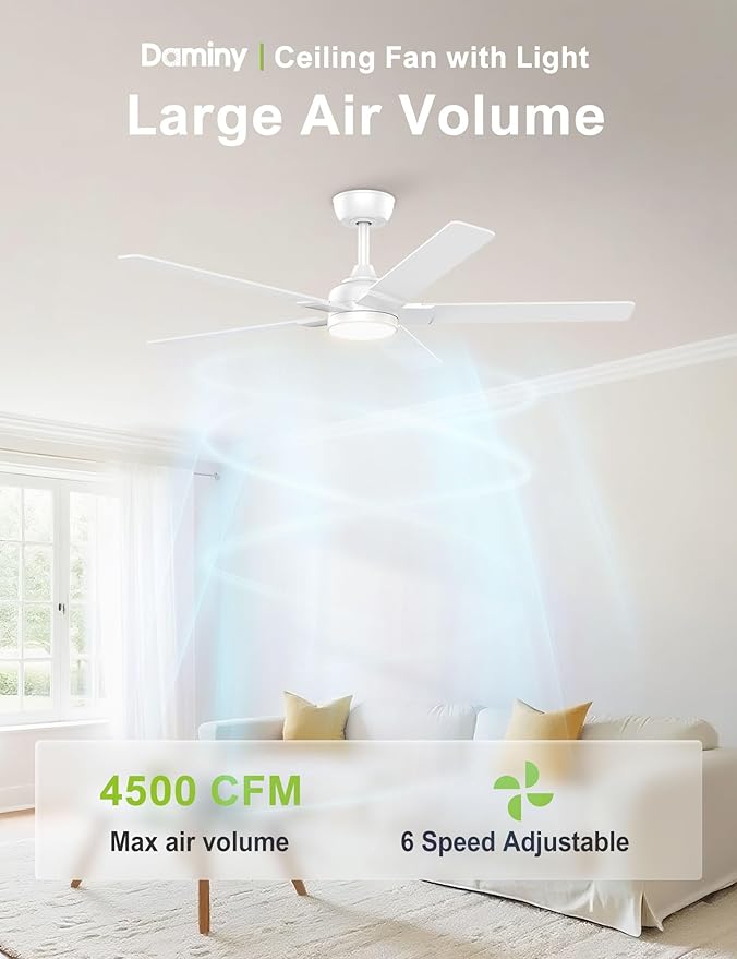 DAMINY 52 inch White Ceiling Fans with Lights,5 Blades,6CCT, Low Profile,Remote Control,for Bedroom, Kitchen,Living Room,Indoor/Outdoor Use,Downrod