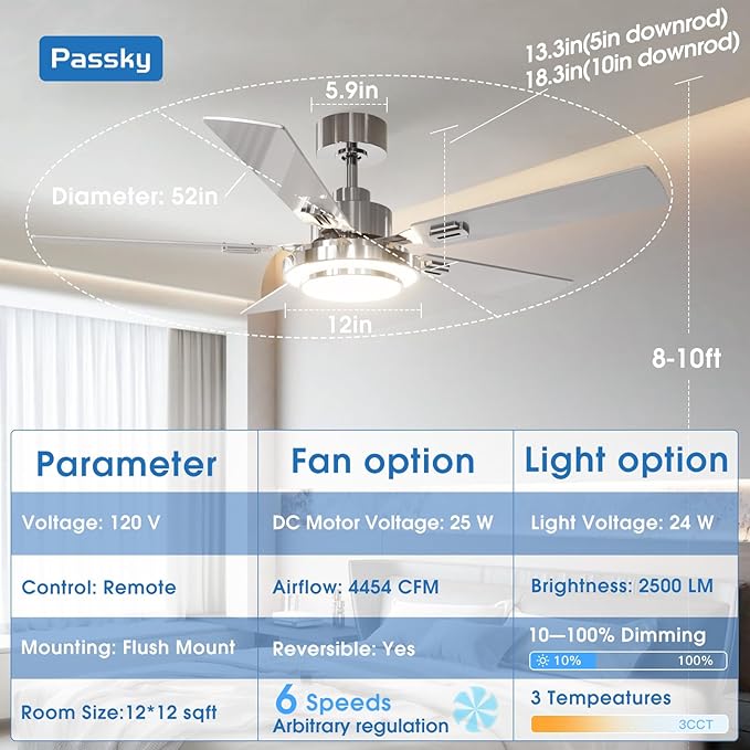 Passky Ceiling Fans with Lights, 52 inch Modern Ceiling Fan with Light and Remote Control, 3CCT, Dimmable, Reversible, Noiseless, Silver Ceiling Fan for Bedroom, Living Room