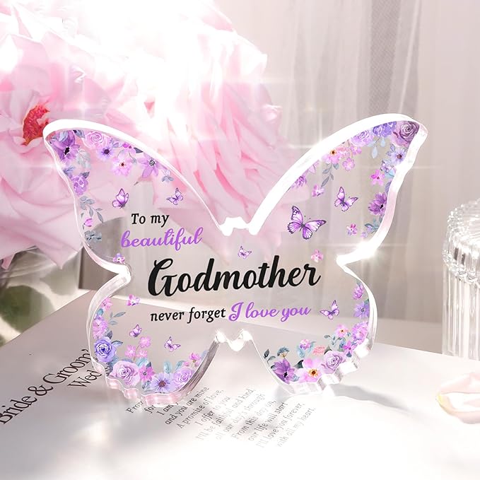 Godmother Gifts, Unique Purple Butterfly Acrylic Plaque Desk Decor, Mothers Day Christmas Birthday Gift for God Mother God Mom, Godmother Proposal Gifts - 5 x 3.8 x 0.5 inches