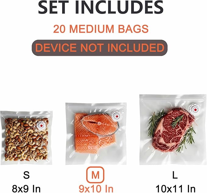 3rd-Gen (9" x 10") 20 PCS Upgraded Reusable High-Seal Bags (Vacuum Sealer Machine Not Included), Compatible with CNAOA Vacuum Sealers
