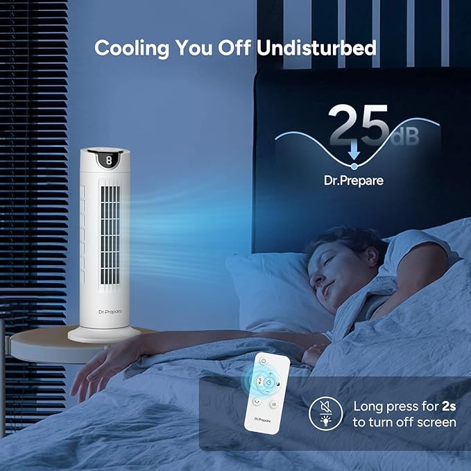 DR.PREPARE Tower Fan for Bedroom, 25 dB Quiet DC Motor Bladeless Fan, Detachable Washable Design, 8 Speeds, 8H Timer, 80° Oscillating Fans for Indoors, 16 Inch Desk Table Fans with Remote, White