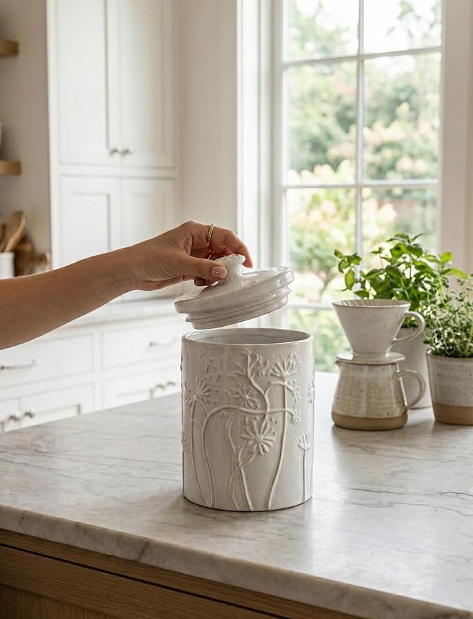 Ceramic Larger Swaying Flowers Kitchen Canister Airtight Coffee Canister For Ground Coffee Sugar Tea Storage Container White Cookie Jar For Kitchen Counter Kitchen And Bar accessories Holder