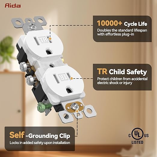 AIDA 50 Pack White Standard Duplex Electrical Wall Receptacle Outlet, 15A 125V, 2 Pole 3 Wire, Tamper Resistant, NEMA 5-15R, Self-Grounding, Wall Plate Included, UL Listed