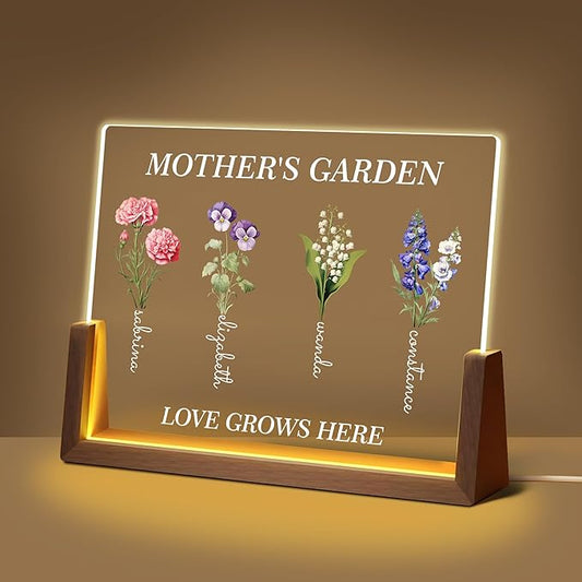 Personalized Mothers Day Birthday Gifts For Mom Grandma Wife, Custom Mom Gifts From Daughter Son, Customized Birth Flower Mothers Garden Plaque Light Up Picture Frame For Mama Grandma Gift