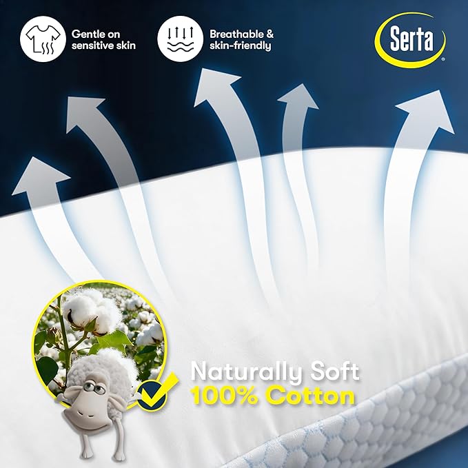 Serta Cooling Down Alternative Bed Pillows King Size Set of 2, Reversible Cooling & Cotton Fabric, Medium Firm, Breathable Support for Hot, Side, Back & Stomach Sleepers, 20" x 36"