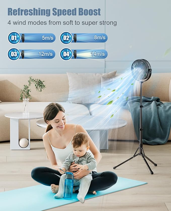 Comoistar 10000 mAh Pedestal Fan with 8.5'' Frame, 4- Speeds Standing Fan Adjustable Height, Portable Desk Fan, Max 37 H, Rechargeable Floor Fan, Included A Hook, Quiet for Home, Office, Outdoor