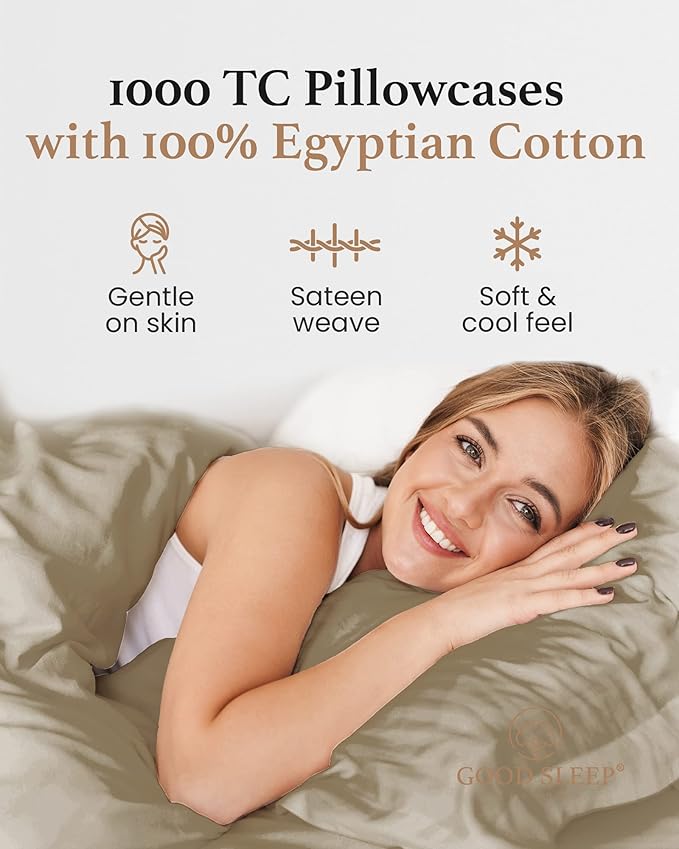 1000 TC Taupe King Pillowcases Set of 4 100% Egyptian Cotton Pillow Cases with Long Staple Cotton & Sateen Weave, Silky Soft Hotel - Like Bed Pillow Covers for Comfy Sleeping, Snug Fit