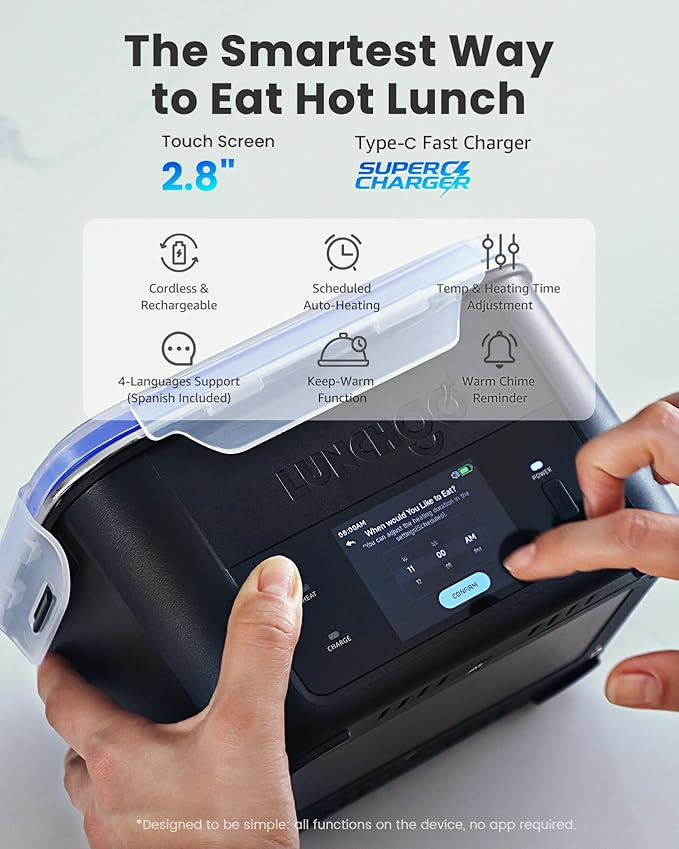 LUNCHGO® G1 – Standard(74 Wh), Smart Electric Heated Lunch Box Food Warmer – Cordless, 5 Cups, Battery Powered, 250°F Max, Scheduled Heating, Perfect for Outdoor Work, On-The-Go Meals (Neon Gray)