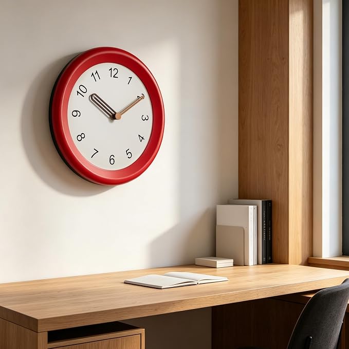 Mosewa 10 Inch Red Wall Clock Silent Non-Ticking Quartz Battery Operated Analog Clock with Wood Hands, Easy to Read Minimalist Round Clock for Kitchen Living Room Bedroom Office