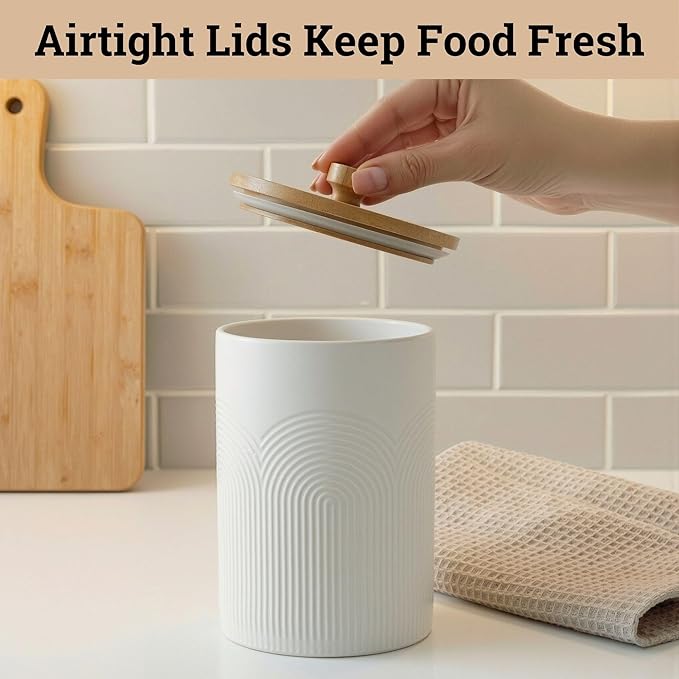 Ceramic Kitchen Canisters for Countertop Set of 3 with Airtight Bamboo Lids - White Kitchen Canisters with Airtight Lids - Flour Sugar Canister Set - Flour and Sugar Containers Farmhouse - Coffee Jar
