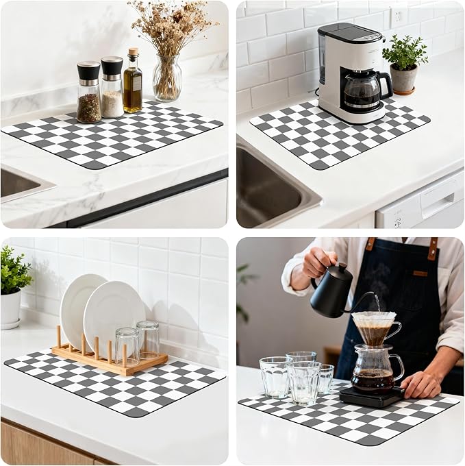 16" x 24" Checkered Dish Drying Mat for Kitchen Counter, Absorbent Coffee Bar Mat for Espresso Machine Coffee Countertops Accessories, Grey