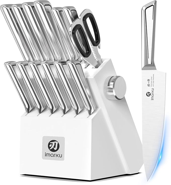 imarku 14-Piece Knife Set with Block, Built-in Sharpener, High Carbon Stainless Steel Kitchen Knives, Dishwasher Safe, Rust Resistant, Non- Slip Handle–Gift for Home Cooks & Chefs, White