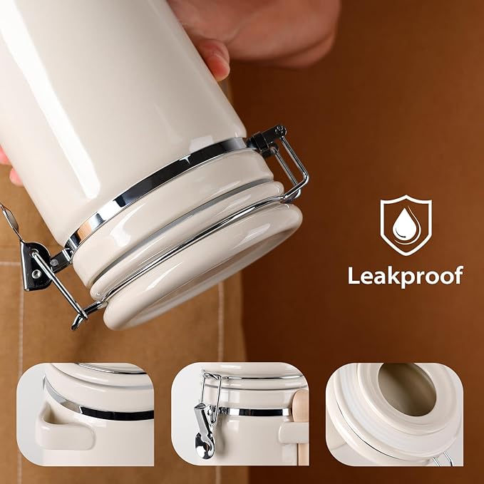 4-Piece Airtight Ceramic Canisters Set with Wooden Spoons & Chalk Labels – Perfect for Coffee, Sugar, Flour, Tea (Cream) – Stylish & Leakproof Kitchen Storage