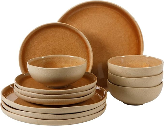 Gibson Elite Manila Bay 12-Piece Stoneware Dinnerware Set, Service for 4, Reactive Glaze Modern Artisan Plates, Bowls & Mugs, Orange, Round Design