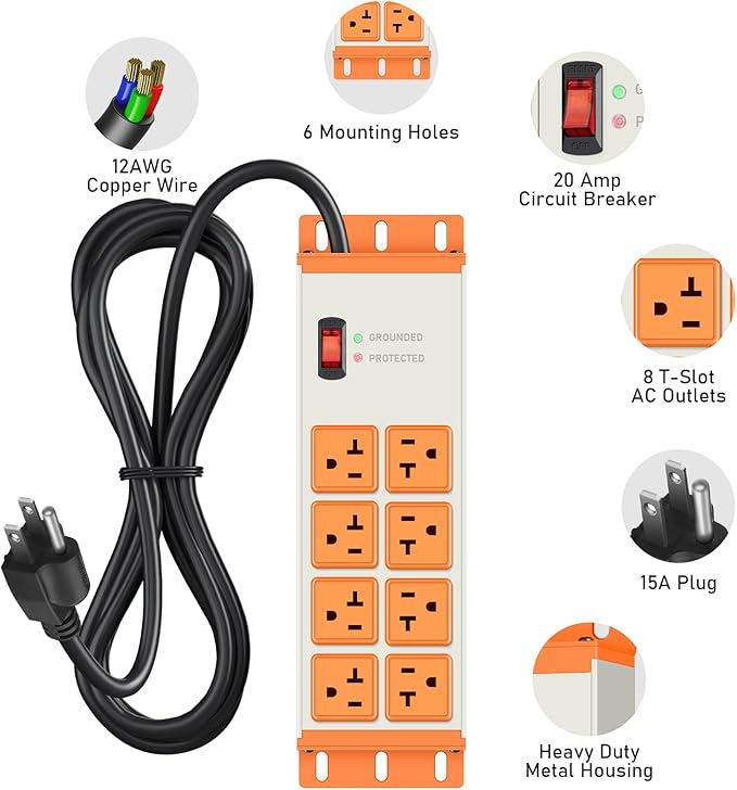 JUNNUJ Heavy Duty Surge Protector 4800J, Garage Metal 8 Outlets 20 Amp 12 Gauge, High Amp 5-15P Adapter Shop 6-20R T-Slot Industrial Outlet, 6 FT Extension Cord Commercial for Appliance, Grey