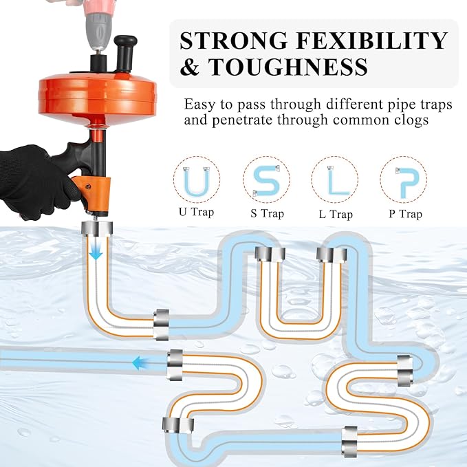 50 FT Plumbing Snake with Auto-Feed - Heavy Duty Drain Auger for Toilet/Sink/Shower/Bathtub Clogs, Drill-Compatible Sewer Snake Tool & Flexible Steel Cable - Snake Drain Hair Remover Tool
