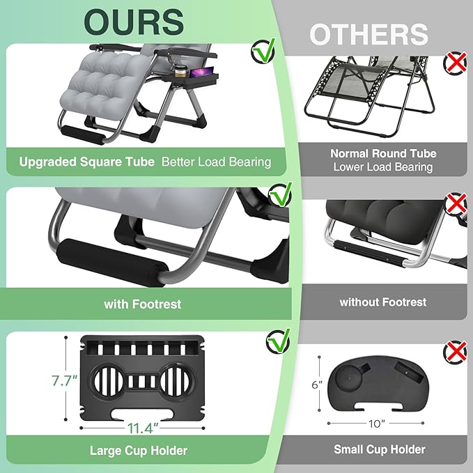 Suteck Zero Gravity Chair, 26In Lounge Chair w/Removable Cushion & Headrest, Reclining Camping Chair w/Upgraded Lock, Large Cup Holder and Footrest, Reclining Patio Chairs Recliner for Indoor Outdoor