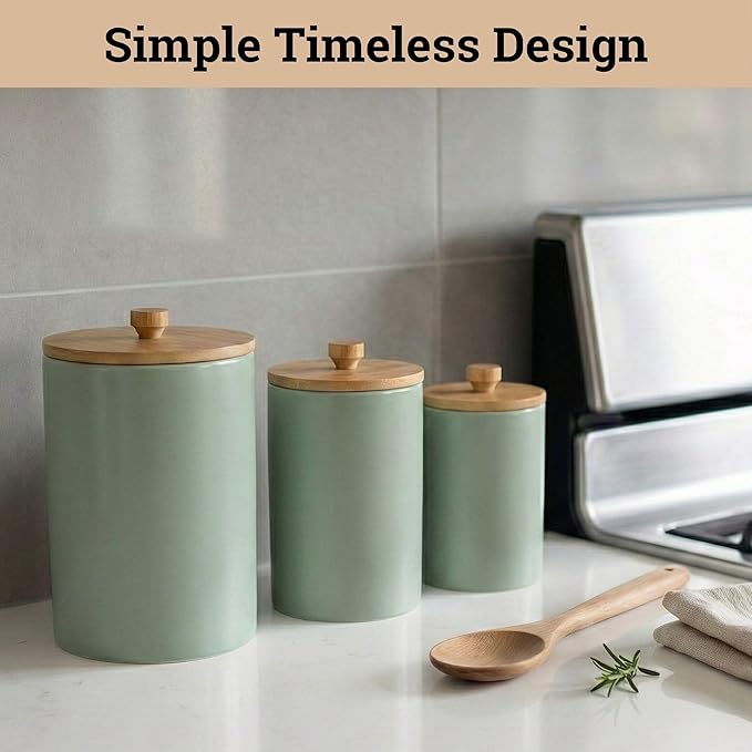 Ceramic Kitchen Canisters for Countertop Set of 3 with Airtight Bamboo Lids - Sage Kitchen Canisters with Airtight Lids - Flour Sugar Canister Set - Flour and Sugar Containers Farmhouse - Coffee Jar