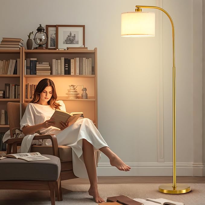 Tall Floor Lamp for Living Room,65'' Modern Standing Lamps with 9W LED Bulb,Elegant Floor Light with Fabric Shade,Gold Tall Lamp for Bedroom Office Study Room Corner Dining Room