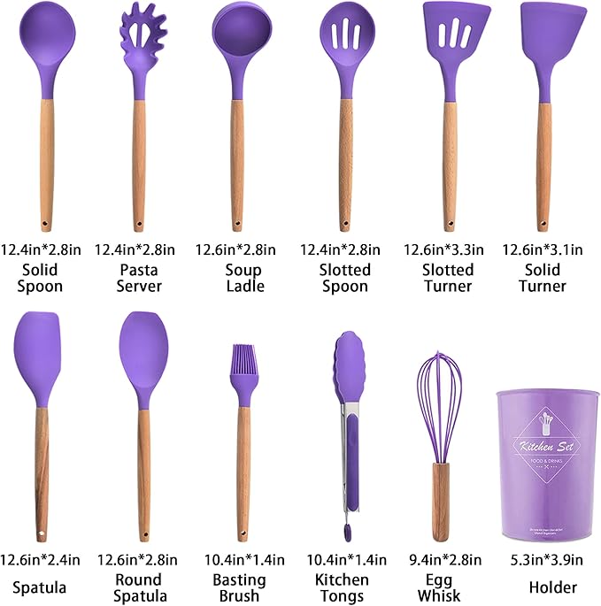 Kitchen Silicone Cookware Set, 12-piece Non-stick Cookware, Heat-resistant, BPA-free, Cooking Tools, Stirring Kitchen Tool Set (Purple)