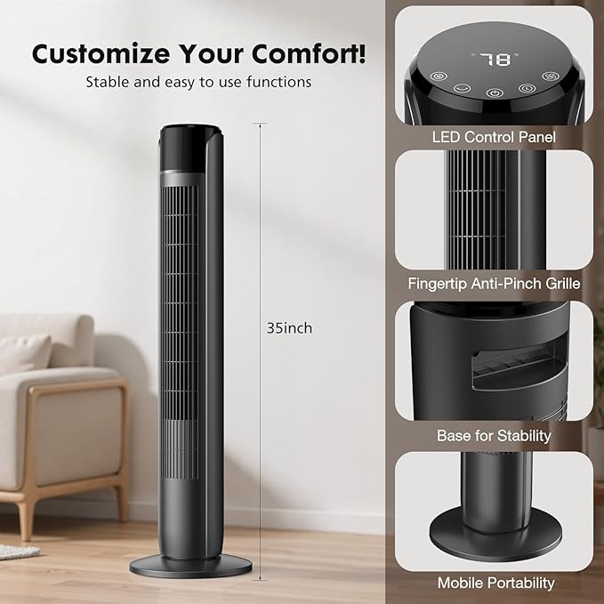 OLIXIS Tower Fan for Bedroom, 60°Oscillating Fan with Remote, 25ft Far, 28dB Quiet Electric Standing Fan, 12 H Timer, 5 Speeds, 4 Modes, Bladeless Floor fan for Home, Office, Indoor, 36 Inch