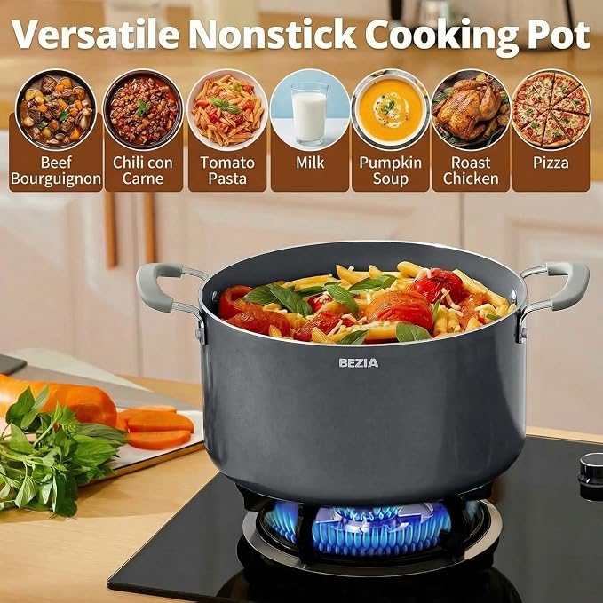 BEZIA 12QT Non Stick Stock Pot with Lid, Ceramic Big Cooking Pot for Soup | Stay-Cool Silicone Handles, Oven Safe & Easy Cleanup, for All Stovetops, for Large Gatherings, Gift Giving & Batch Cooking