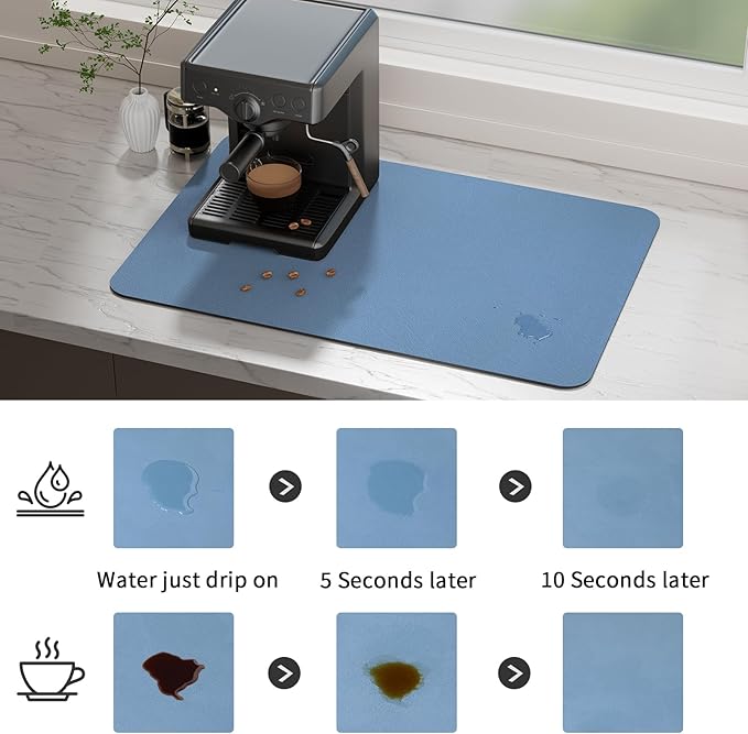Ecotrim Absorbent Coffee Mat , Stain Hiding PU Leather Surface, Non-Slip Natural Rubber Backing, Quick Dry Mat for Espresso Machine, Kitchen Counter ,Blue | 17" x 31.5"