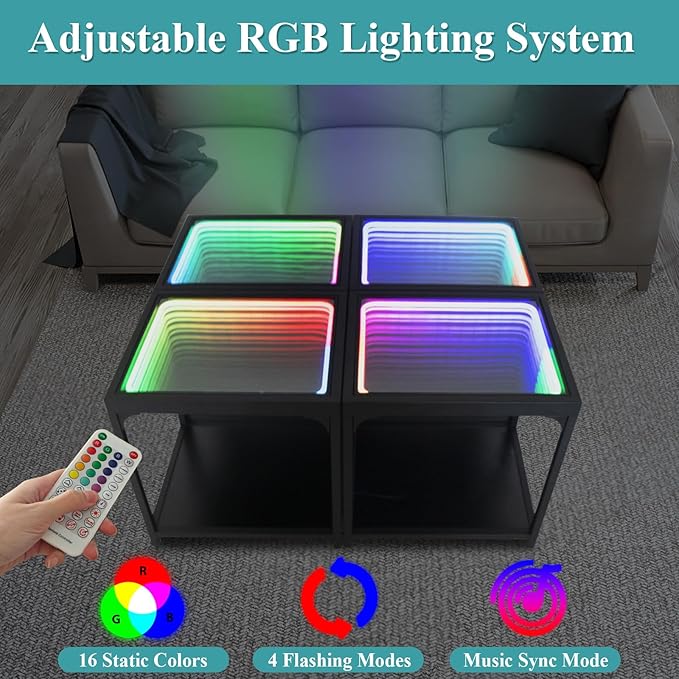 FUSLITE Infinity Mirror Light Table, Coffee Tables for Living Room, with 3D Infinity Illusion Mirror, RGB Side Table, with Tunnel Light, with Futuristic Decor, for Bedroom, Party
