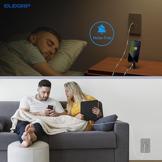 ELEGRP USB Charger Wall Outlet, USB A & C Ports, 20 Amp Duplex Plug NEMA 5-20R, Wall Plate Included, UL Listed, Matte Grey