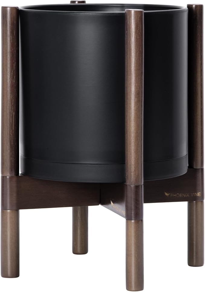 D'vine Dev Plastic Pot with Walnut Wood Stand, Black, 10 in, 55-C-L-2 | Mid-Century Inspired Design, Elevated Plant Display, Clean Lines, Sturdy Support, Modern Space-Saving Style