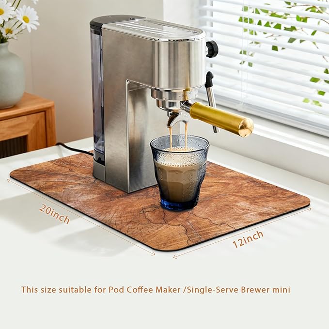 Coffee Mat 19x12 Inch, Wood Grain Coffee Bar Accessories, Absorbent Hide Stain Rubber Backed Dish Drying Mat for Kitchen Counter, Mats for Countertops, Under Coffee Maker Machine Pot Espresso Staion
