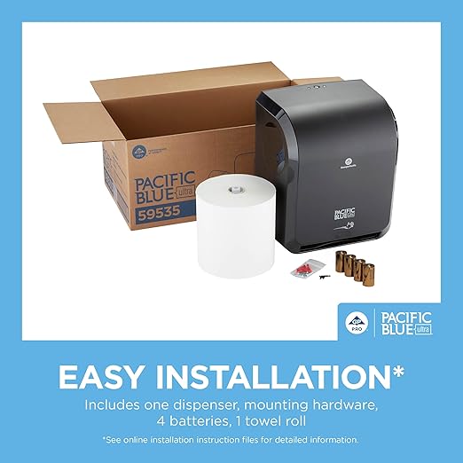 Pacific Blue Ultra 8" High-Capacity Automated Touchless Paper Towel Dispenser Starter Kit by GP PRO (Georgia-Pacific), Black Dispenser (59590) 1 White Towel Roll (26491)